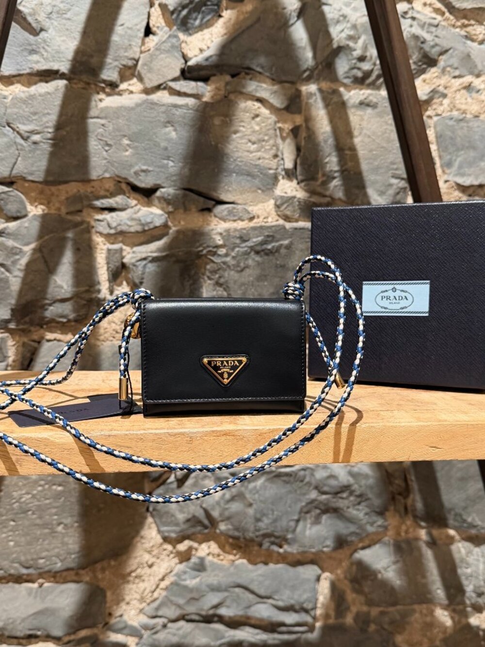 Prada Black Vitello Card Holder With Braided Leather Strap
